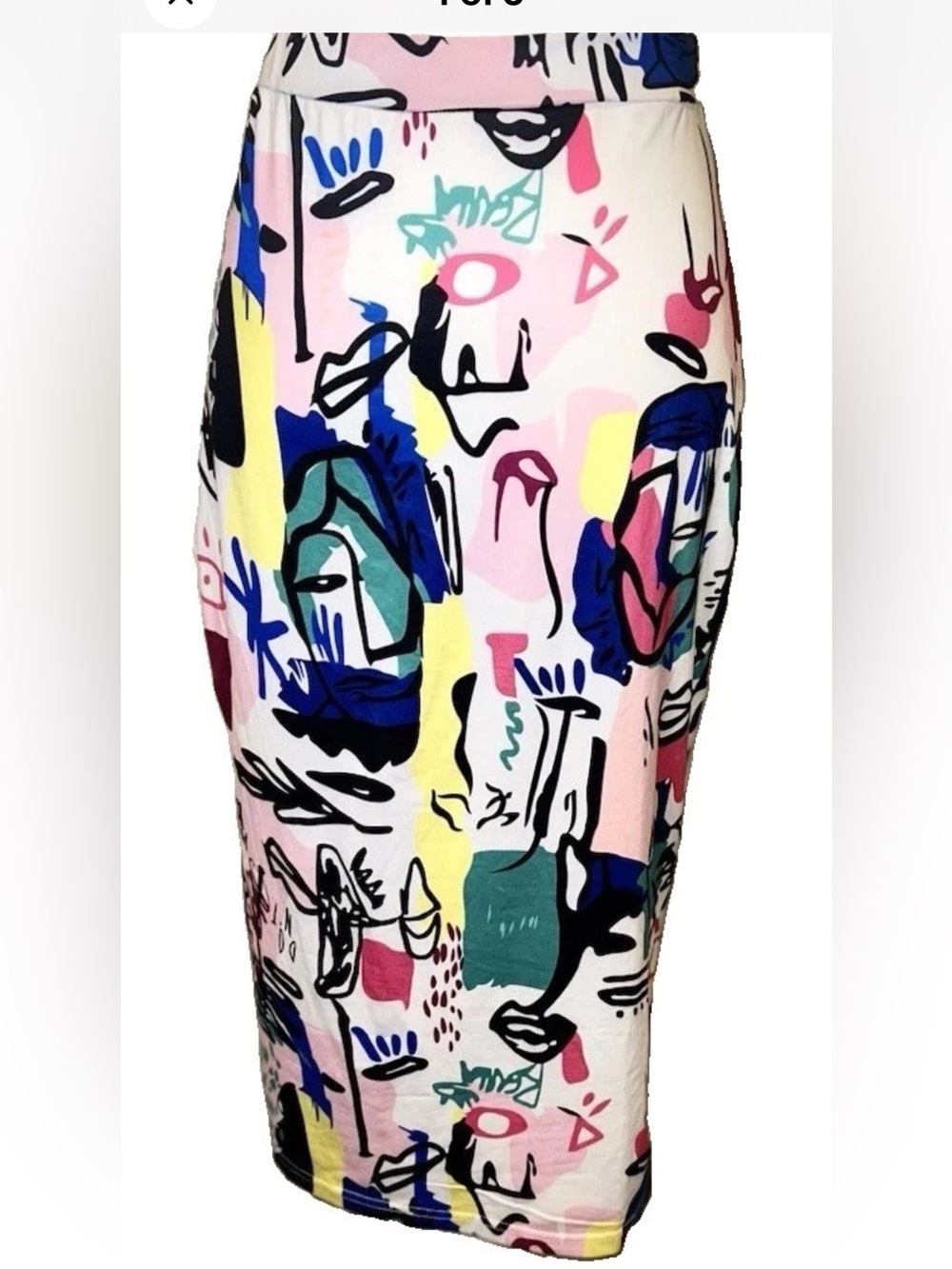 Abstract Face Print Midi Pencil Skirt Pop Art Colorful High Waisted Medium - Picture 4 of 5